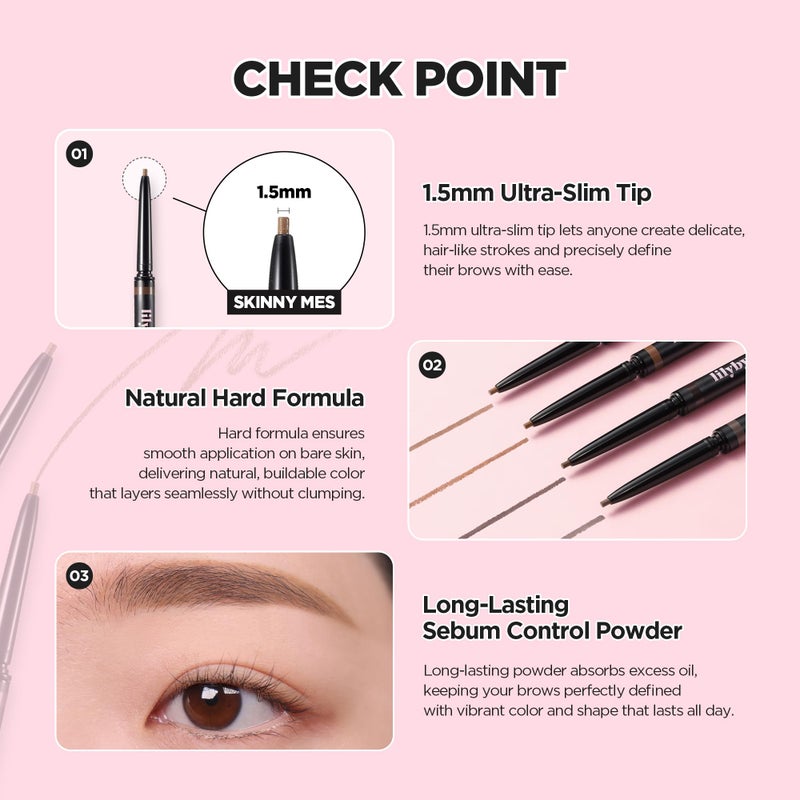 lilybyred Skinny Mes Brow Pencil | Korean 1.5mm Ultra-Slim Tip Eyebrow Pencil, Natural Hard Formula, Fine Hair-Like Strokes, Oil-Control, Sweat-Resistant, Long-Lasting, 0.005 oz. (02 Medium Brown) - Image 3